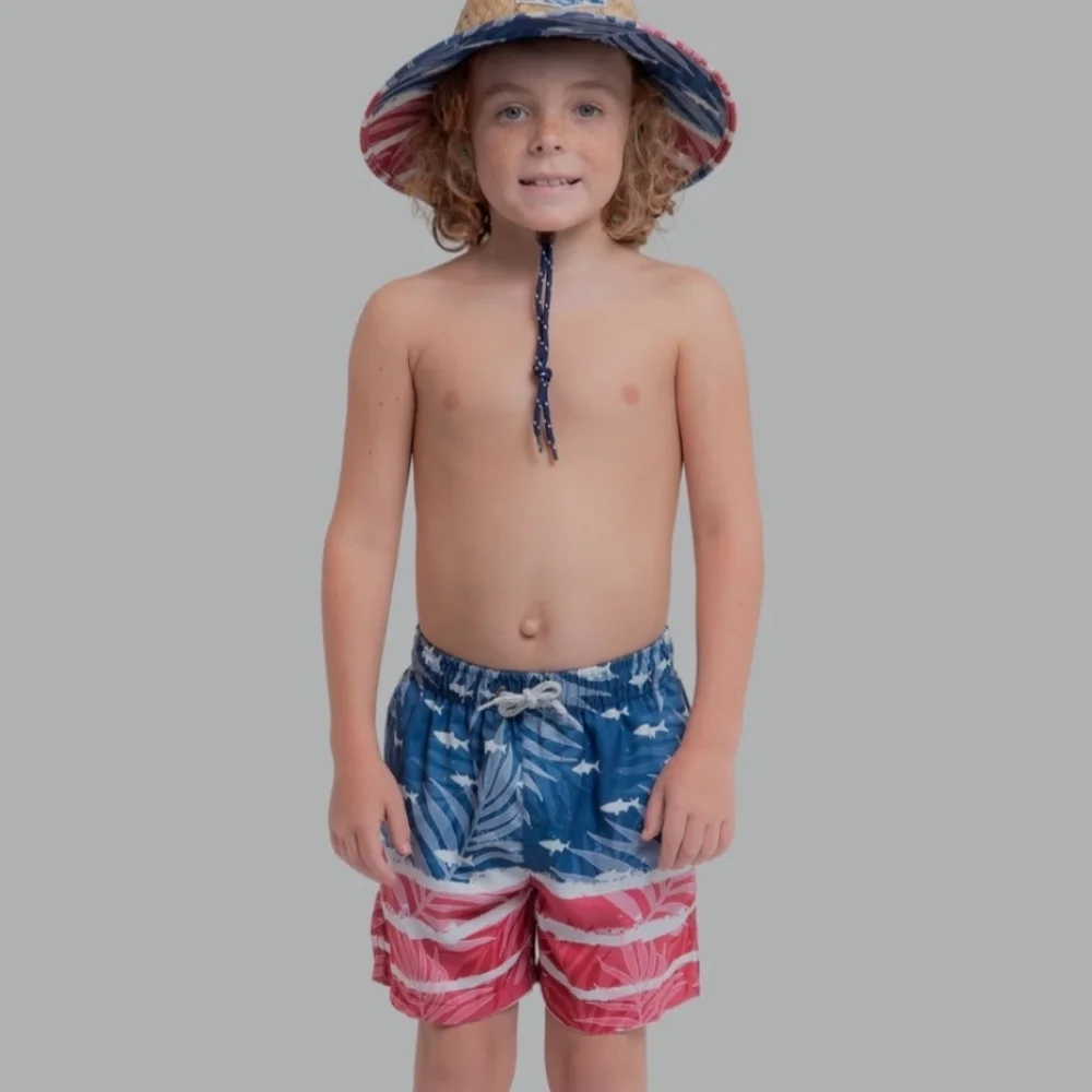 SurfStyle 8 Blue & Red Leaf Kid's Swim Shorts